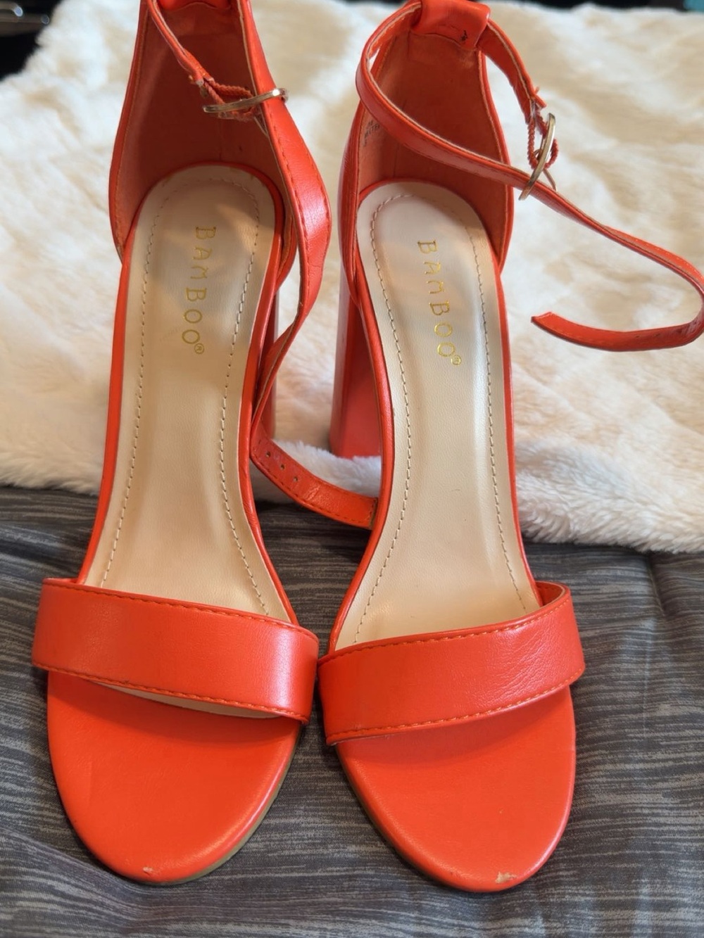 BAMBOO Orange Ankle Strap Block Heel Sandals
